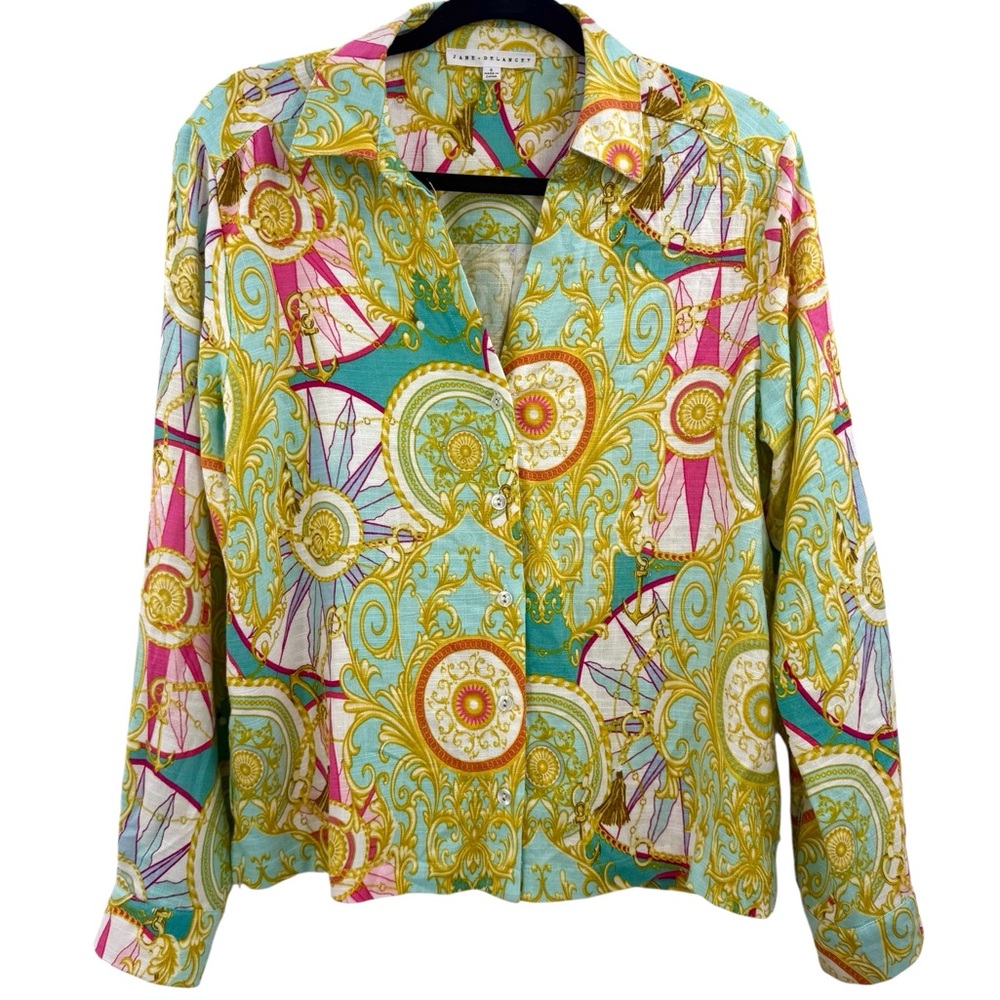 Jane + Delancey Baroque Print Linen Blend Nautical Chain Medallion Top Resort - Picture 2 of 12